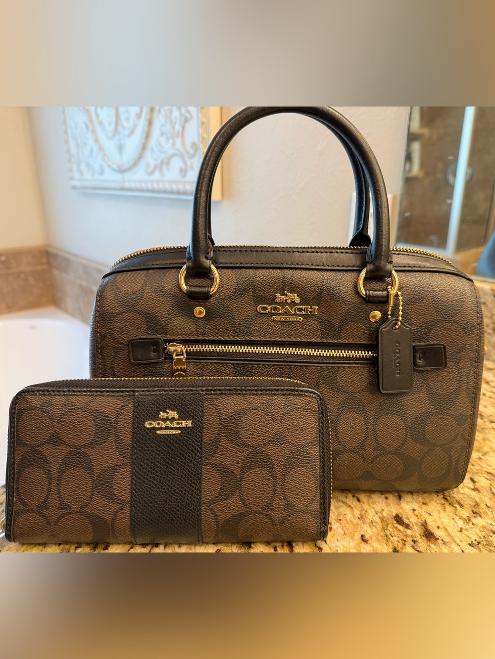 Coach Rowan Satchel in Walnut Signature Canvas with Matching Large Zip Wallet